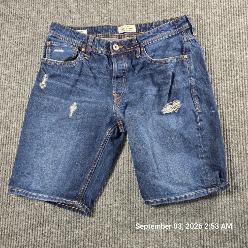 Jack & Jones Jeans Intelligence Mens Regular Fit Distressed Denim Shorts Blue M